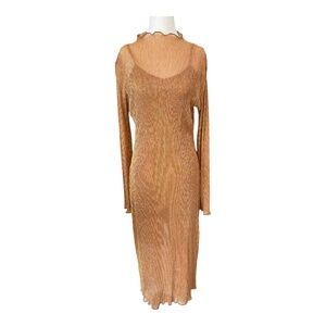 Leith Metallic Sheer Long Sleeve Midi Dress Bronze Gold Lined Size M Excellent